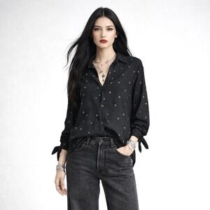 Rails Top M Robyn Black Star Embroidered Celestial Tie Sleeve Linen Blend Shirt